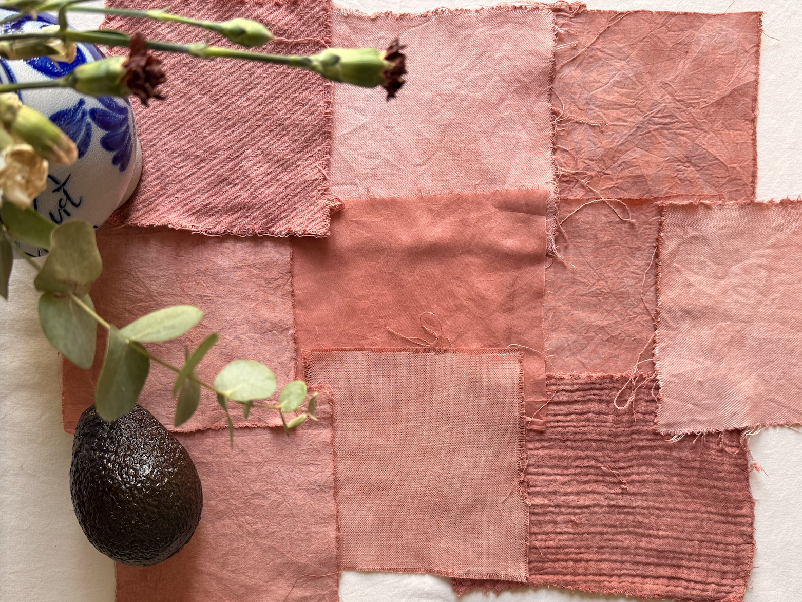 Hand-dyed fabric using natural dye avocado pits and peels bath — plant-based pigments on natural textile — Florilegium Paris