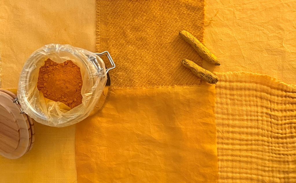 Hand-dyed fabric using natural dye bath turmeric curcuma — plant-based pigments on natural textile — Florilegium Paris