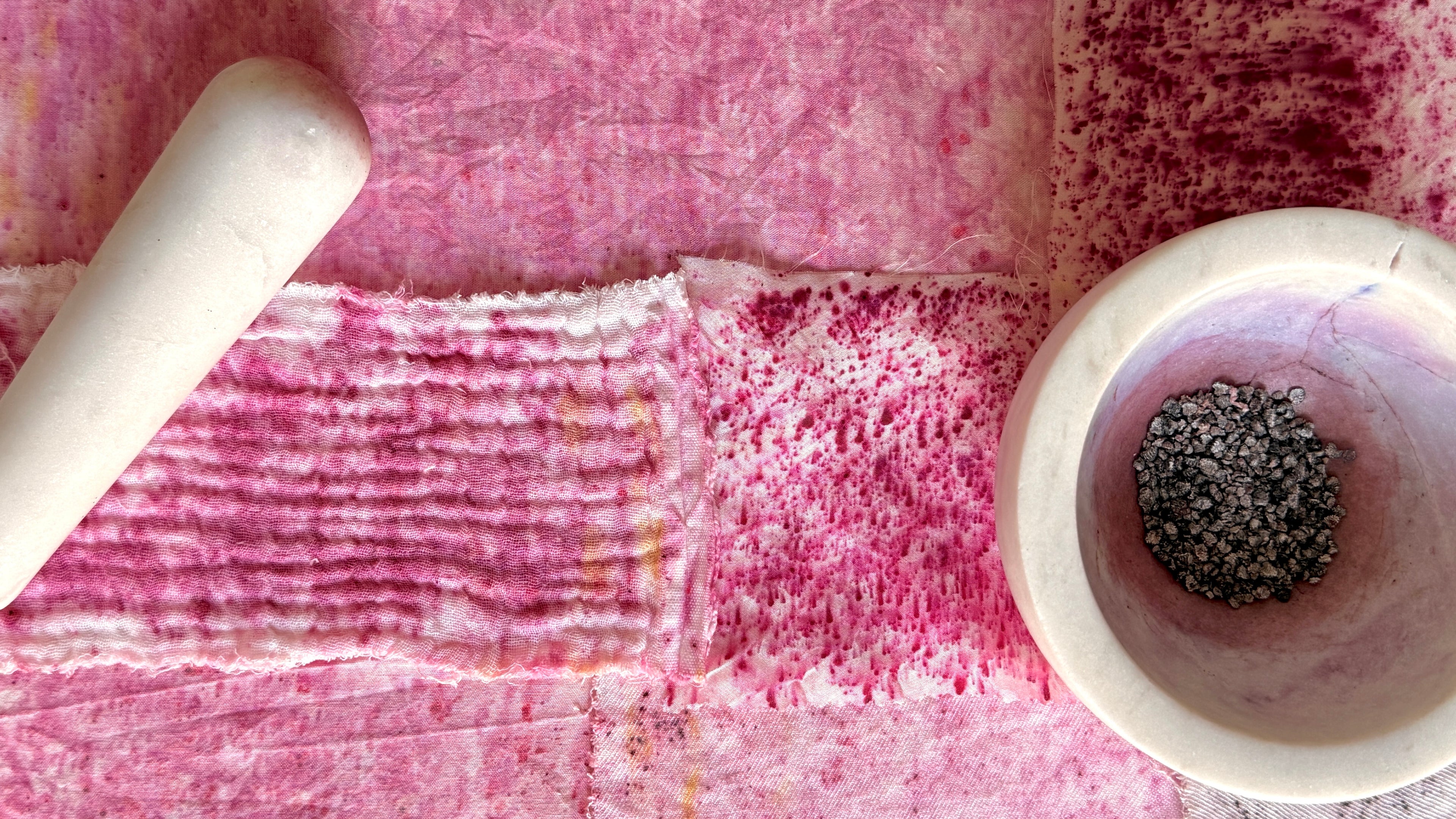 Grana cochinilla cochineal natural dye on a bowl. Natural purple and magenta color. Florilegium Paris. Fabric samples dyed with cochineal.